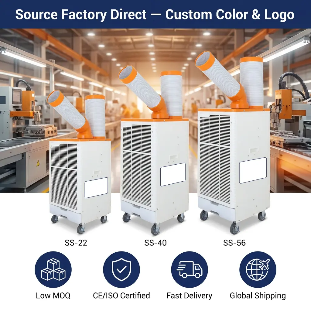OEM Orange White Japanese Style 3 Min Rapid Cooling Spot Cooler သတ္တုအလုပ်ရုံအတွက် စက်မှုလေအေးပေးစက်