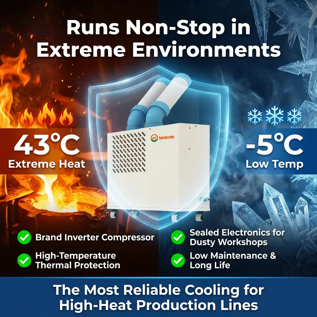 စိတ်ကြိုက်အနိမ့်ပရိုဖိုင်အဖြူရောင် Dual Cooling Duct Plug Play Movable Spot Cooler Portable Industrial AC ဖြင့် လုပ်ငန်းသုံးမီးဖိုချောင်