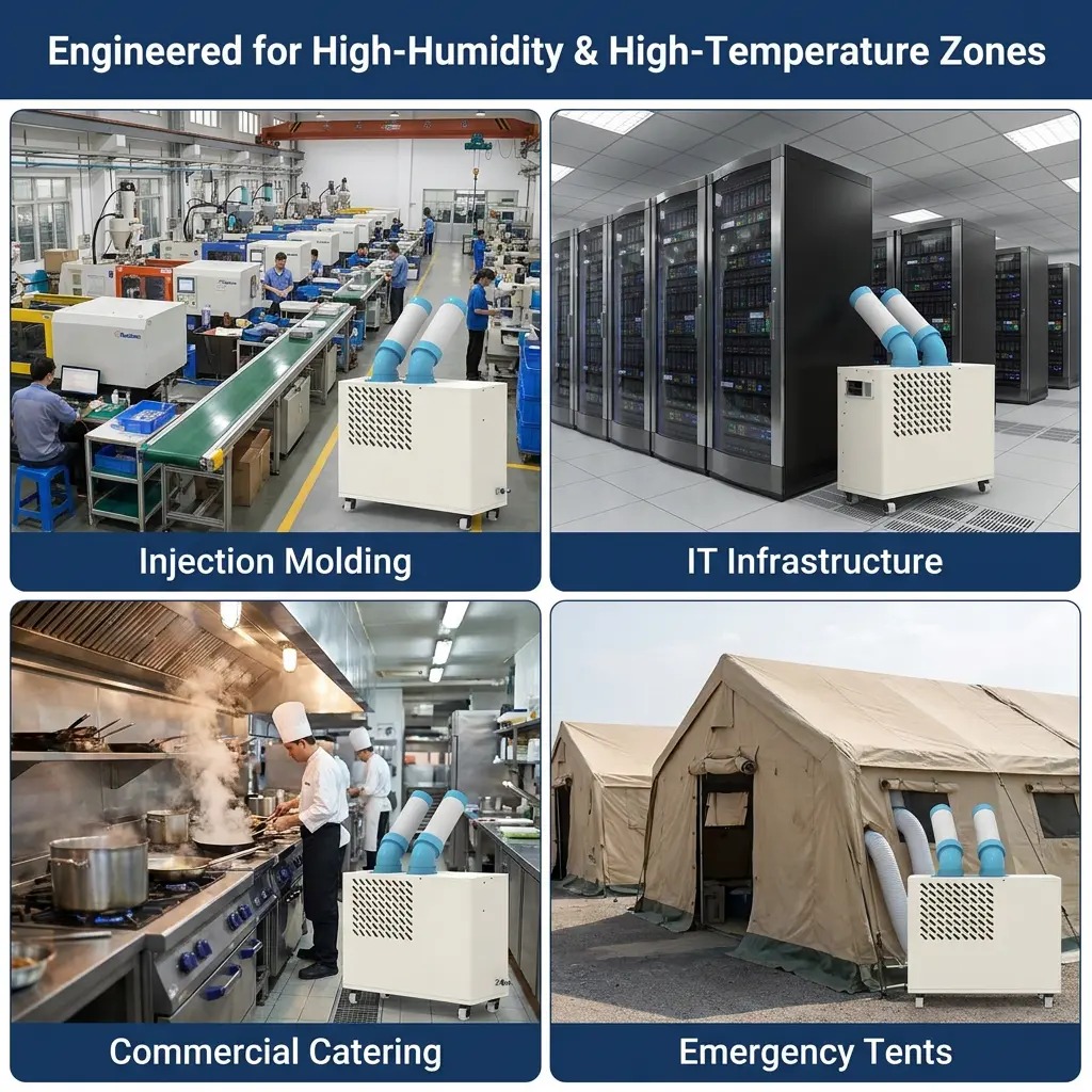 စိတ်ကြိုက်အနိမ့်ပရိုဖိုင်အဖြူရောင် Dual Cooling Duct Plug Play Movable Spot Cooler Portable Industrial AC ဖြင့် လုပ်ငန်းသုံးမီးဖိုချောင်
