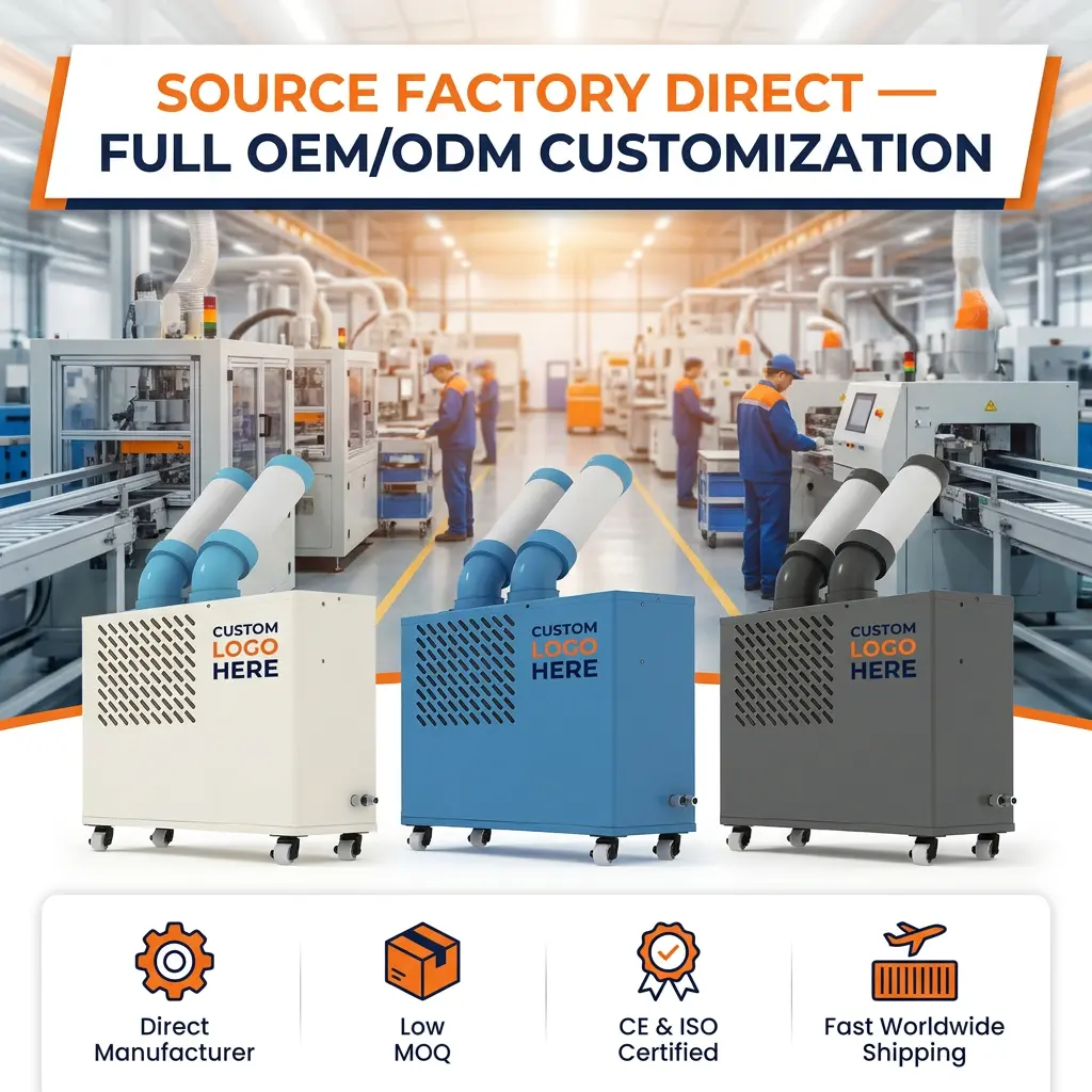 စိတ်ကြိုက်အနိမ့်ပရိုဖိုင်အဖြူရောင် Dual Cooling Duct Plug Play Movable Spot Cooler Portable Industrial AC ဖြင့် လုပ်ငန်းသုံးမီးဖိုချောင်