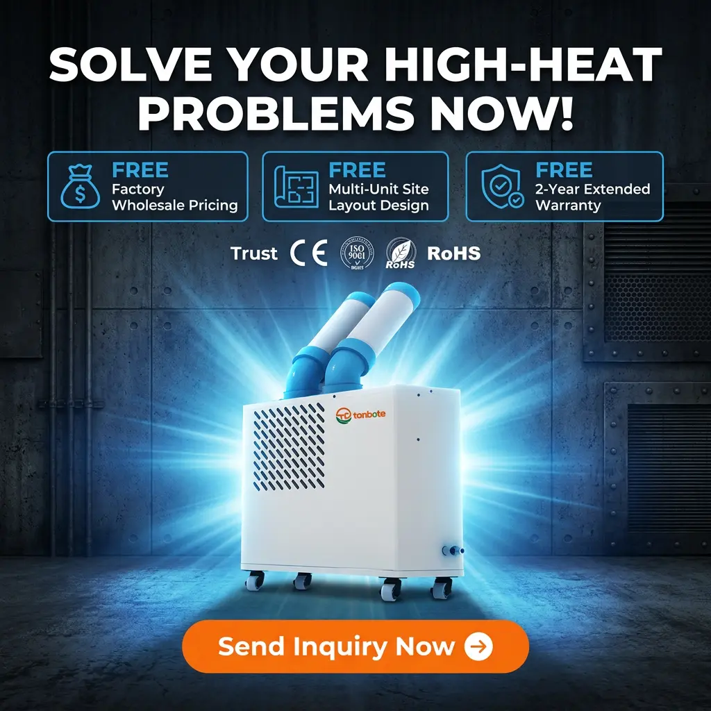 စိတ်ကြိုက်အနိမ့်ပရိုဖိုင်အဖြူရောင် Dual Cooling Duct Plug Play Movable Spot Cooler Portable Industrial AC ဖြင့် လုပ်ငန်းသုံးမီးဖိုချောင်
