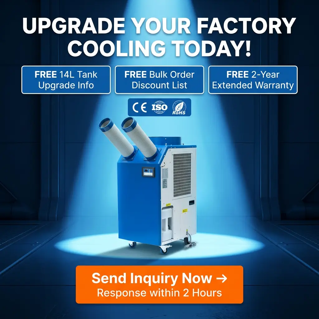 OEM 14L Large Tank 2700W Power 9300BTU Rotary Compressor Portable Spot Cooler အလုပ်ရုံဆွေးနွေးပွဲအတွက် စက်မှုလေအေးပေးစက်