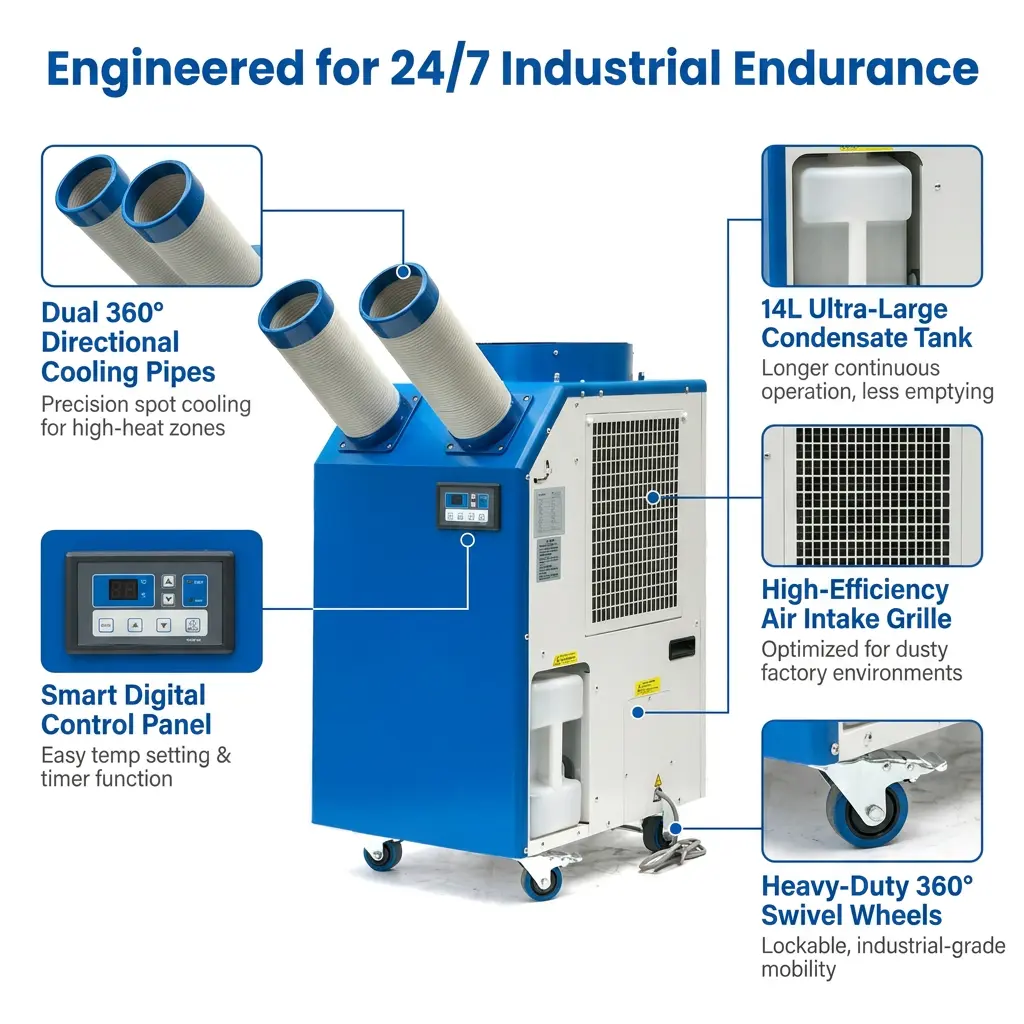 OEM 14L Large Tank 2700W Power 9300BTU Rotary Compressor Portable Spot Cooler အလုပ်ရုံဆွေးနွေးပွဲအတွက် စက်မှုလေအေးပေးစက်