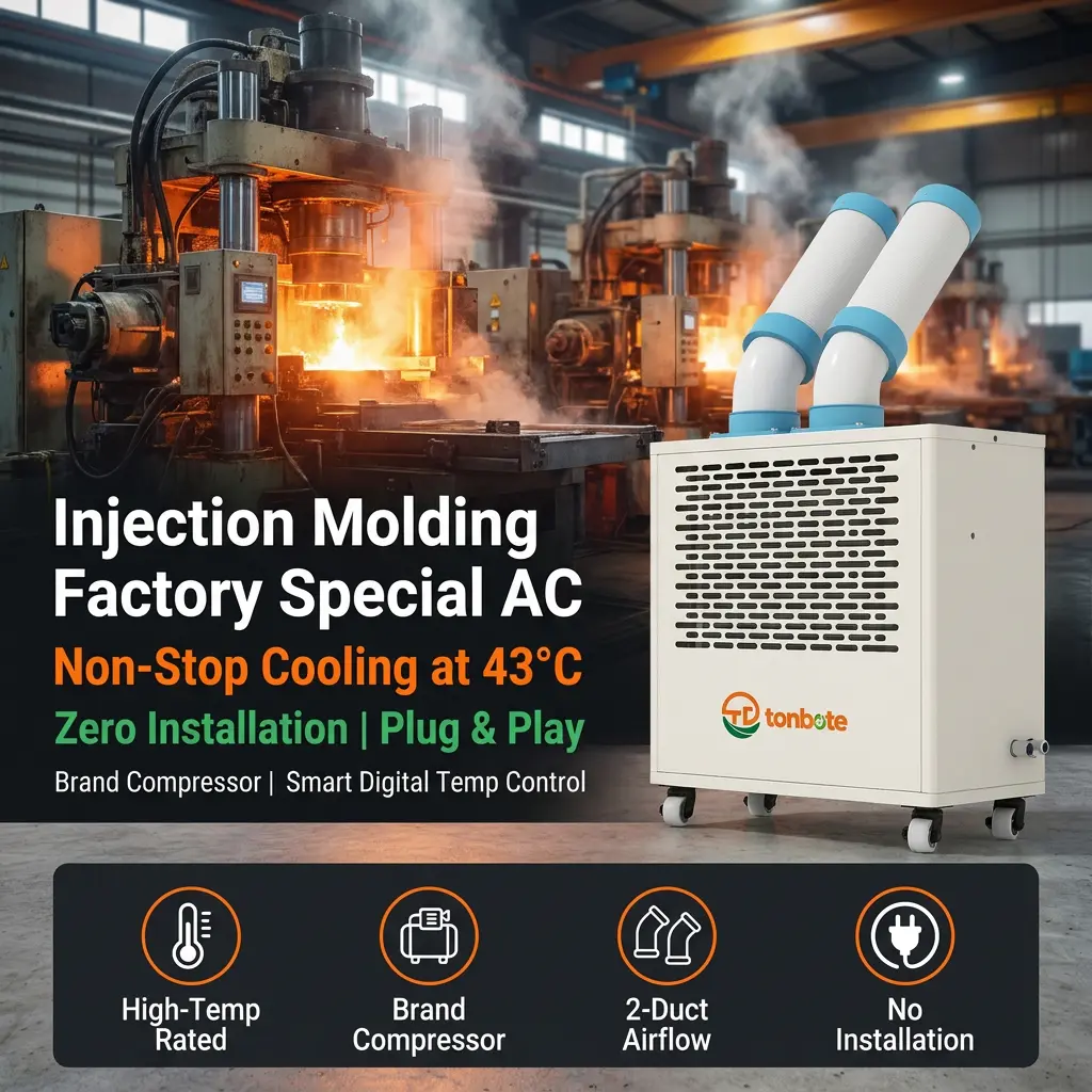 စိတ်ကြိုက်အနိမ့်ပရိုဖိုင်အဖြူရောင် Dual Cooling Duct Plug Play Movable Spot Cooler Portable Industrial AC ဖြင့် လုပ်ငန်းသုံးမီးဖိုချောင်