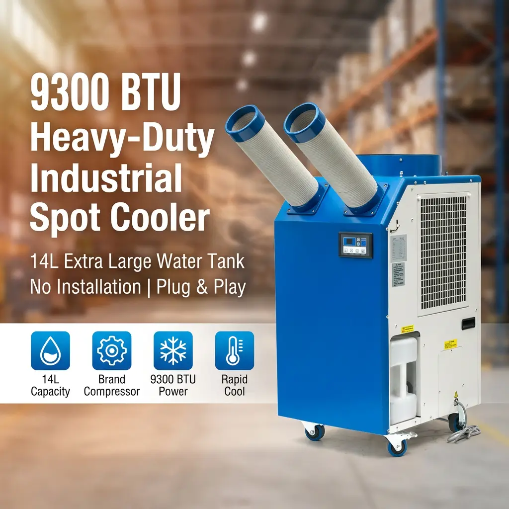 OEM 14L Large Tank 2700W Power 9300BTU Rotary Compressor Portable Spot Cooler အလုပ်ရုံဆွေးနွေးပွဲအတွက် စက်မှုလေအေးပေးစက်