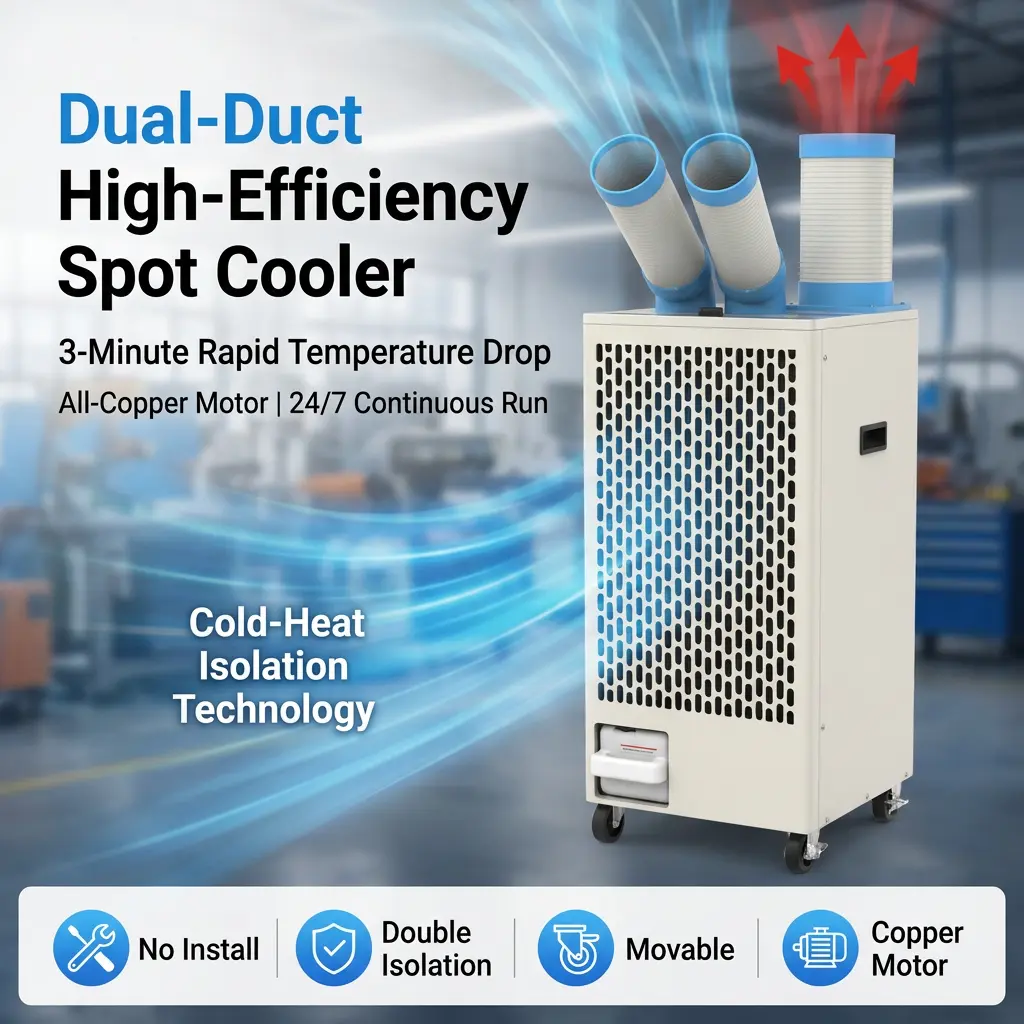 OEM White Metal Body 24 7 Dual Duct Cold Heat Isolation Portable Spot Cooler အလုပ်ရုံအတွက် စက်မှုလေအေးပေးစက်
